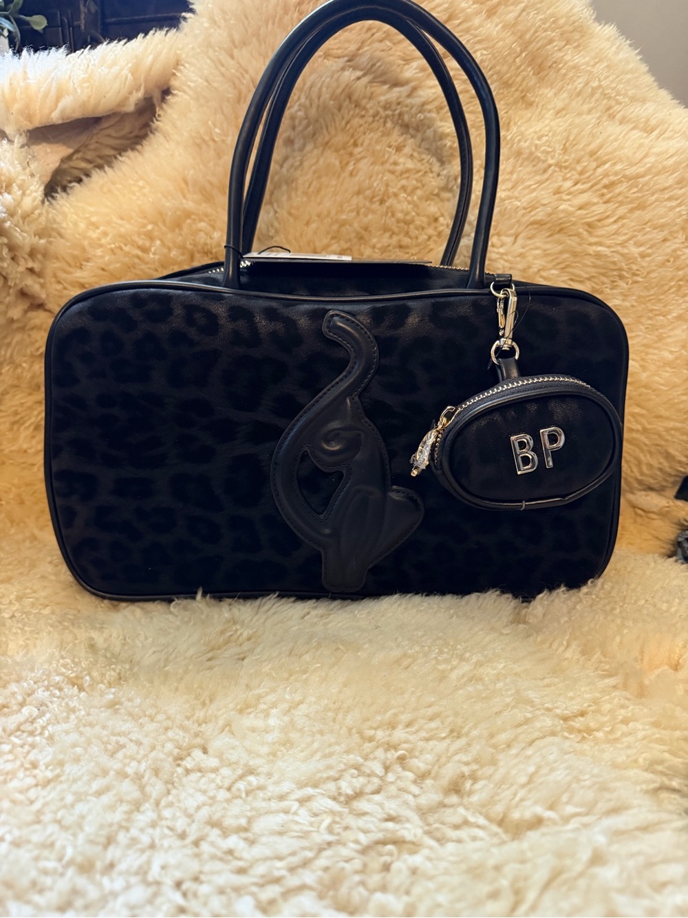 Baby Phat Black Leopard-Print Satchel with Elephant Applique